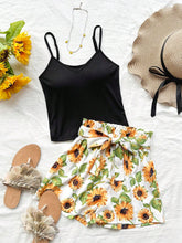 Women Summer Solid Color Tank Top And Sunflower Printed Shorts Set For Vacation And Casual Occasions